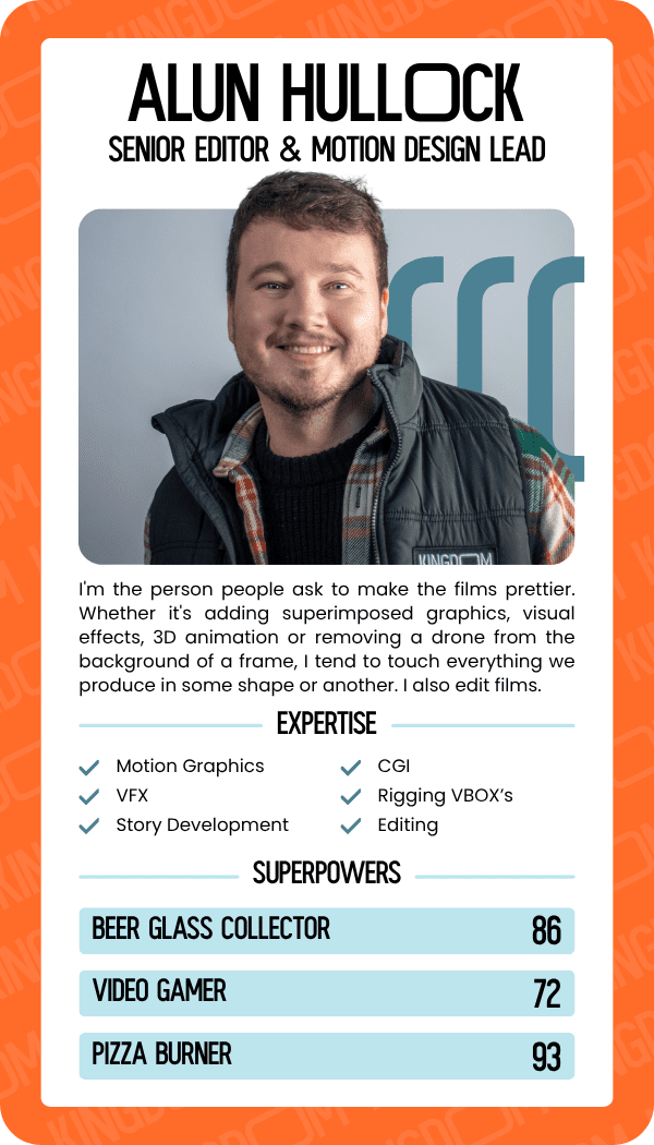Top Trumps Card for Alun Hullock, Senior Editor & Motion Design Lead at Kingdom Creative