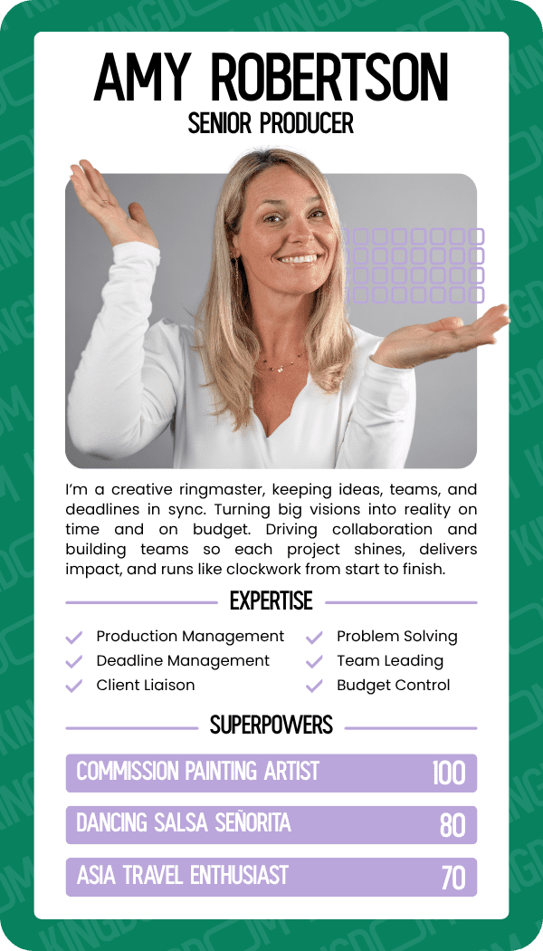 Top Trumps Card for Amy Robertson, Creative at Kingdom Creative